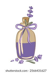 Hand drawn lavender essential oil bottle with flowers, ribbon, and purple liquid accentuation