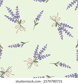 Hand drawn lavender floral pattern featuring bows on a soft green background for fabric design