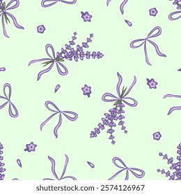 Hand drawn lavender floral pattern featuring bows on a soft green background for fabric design