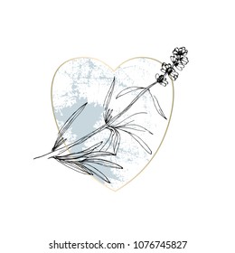 Hand drawn lavender flowers with elegant gold frame. Pastel soft blue brush background. Vector decoration element