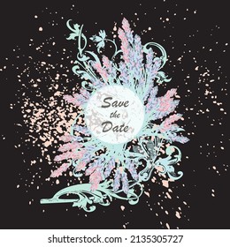 Flores de lavanda dibujadas a mano sobre el diseño de la cubierta de patrón floral abstracto y negro. Ramas verdes florecientes, fondo artístico de moda. Boda de ilustración de vector gráfico, afiche, tarjeta de saludo, revista