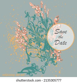 Hand drawn lavender flowers on gray, abstract floral pattern cover design. Blossom greenery branches, trendy artistic background. Graphic vector illustration wedding, poster, greeting card, magazine