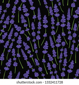 Hand drawn Lavender flowers seamless repeat pattern on a black background. Surface pattern design.