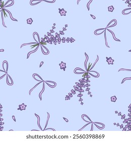 Hand drawn lavender pattern featuring bows and small flowers on a soft blue background