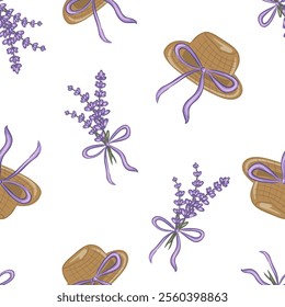 Hand drawn lavender pattern with straw hats and bows showcasing a springtime garden vibe