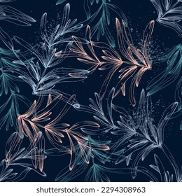 Hand drawn Lavender seamless flowers repeat pattern. Surface pattern design. Elegant lavender background. Vintage sketch. Botanical illustration. Vector pattern or card design.