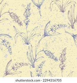 Flores sin soldadura de lavanda dibujadas a mano repiten el patrón. Diseño de patrones de superficie. Elegante fondo de lavanda. Esbozo vintage. Ilustración botánica. Patrón vectorial o diseño de tarjeta.