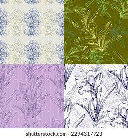 Hand drawn Lavender seamless flowers repeat pattern. Surface pattern design. Elegant lavender background. Vintage sketch. Botanical illustration. Vector pattern or card design.