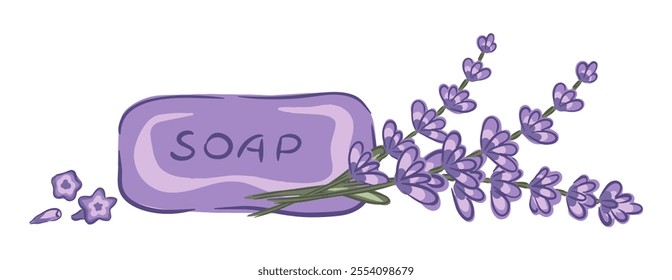 Hand drawn lavender soap with sprigs of lavender vector illustration