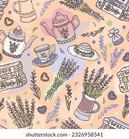 Lavanda dibujada a mano, té, taza, tetera y libros. Patrón vectorial sin costuras en colores pastel violeta y beige. Impresión vintage para tela, textil. Ambiente de procedencia francesa o de pueblo