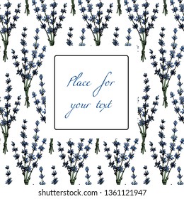 Hand drawn lavender twigs and square frame made in vector. Delicate and romantic floral design elements.
