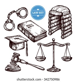 Hand Drawn Law Symbols Set With Holy Bible Scales Handcuffs And Elements Of Judges Clothing  Isolated Vector Illustration