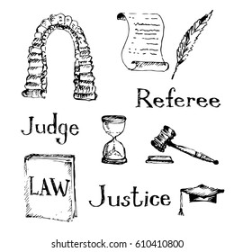 Hand drawn law symbols set. Sketch, vector illustration