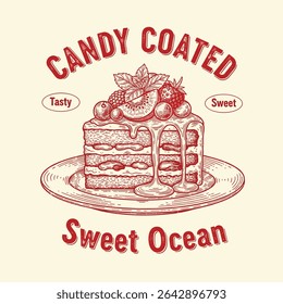 Hand Drawn Layer cake design, Vector Cake Graphic, women's graphic tee, slogan t-shirt design,cherry cake illustration, summer food prints, hand writing text print design, Cute cake