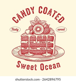Hand Drawn Layer cake design, Vector Cake Graphic, women's graphic tee, slogan t-shirt design,cherry cake illustration, summer food prints, hand writing text print design, Cute cake