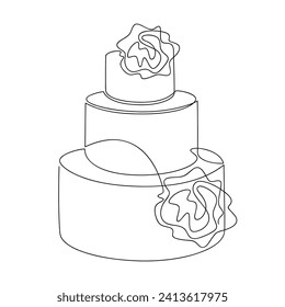 Hand drawn layer cake with rose flowers vector. One line continuous drawing. Linear dessert icon. Minimal design, print, banner, cafe card, bakery brochure, logo, sign, wedding symbol, menu.