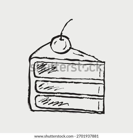 Hand drawn layered birthday cake slice with cherry on top. Vector sketch illustration in vintage crayon charcoal style. Confectionery cake menu design, happy birthday equipment
