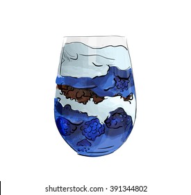 Hand drawn layered dessert with blackberry, biscuit cake and cream cheese on a white background.