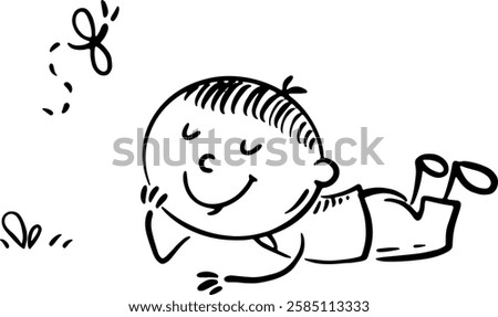 Hand drawn of a laying boy. Cute cartoon child lying down, relaxed kid