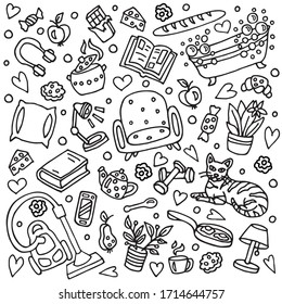 Hand drawn layout of black elements on white background of home activities and home amusement for poster, social media content, banner, card, cover, motivation, inspiration design, template. EPS 10