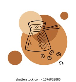 Hand drawn layout of logo with cezve or Turkish coffee brewing pot. In doodle style, black outline on a round caramel color background. Cute element for cards, banners, stickers. Vector illustration.