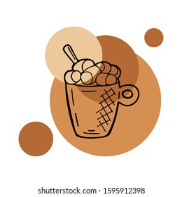 Hand drawn layout of logo with coffee cup and marshmallow. In doodle style, black outline on round caramel color background. Cute element for card, social media banners, stickers. Vector illustration.