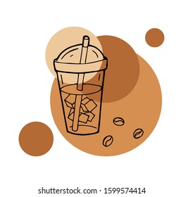 Hand drawn layout of logo with iced coffee takeaway cup. In doodle style, black outline on round caramel color background. Cute element for cards, social media banners, stickers. Vector illustration.