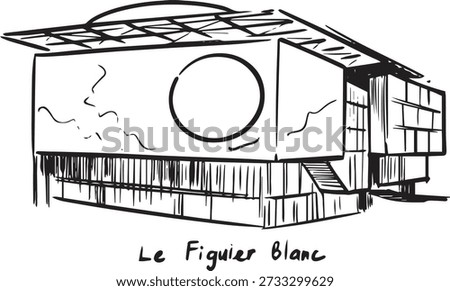 Hand Drawn Le Figuier Blanc Cultural Center in Argenteuil France in Black and White Architectural Sketch Style