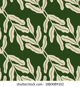 Hand drawn leaf branches ornament seamless pattern. Doodle backdrop with green background. Vector illustration for seasonal textile prints, fabric, banners, backdrops and wallpapers.