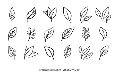 Hand drawn leaf eco set. Black line doodle leaf icons. Vector illustration
