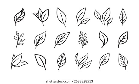 Hand drawn leaf eco set. Black line doodle leaf icons. Vector illustration