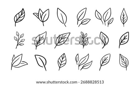Hand drawn leaf eco set. Black line doodle leaf icons. Vector illustration