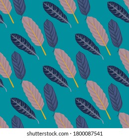 Las figuras de hojas dibujadas a mano son un patrón de doodle impecable. Siluetas de estilo azul marino y violeta claro con un fondo turquesa brillante. Papel de paredes, textil, papel de envoltura, tela. Ilustración vectorial.