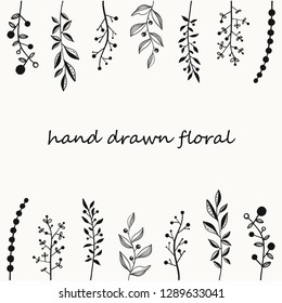 Hand drawn leaf and floral with cute doodle style sketch, Ink drawing on white background for note, diary, cards or decorations. Set of simple design elements, Black and white, Vector illustation.