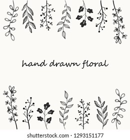 Hand drawn leaf and floral with cute doodle style sketch, Ink drawing on white background for note, diary, cards or decorations. Set of simple design elements, Black and white, Vector illustation.