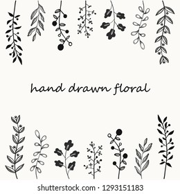 Hand drawn leaf and floral with cute doodle style sketch, Ink drawing on white background for note, diary, cards or decorations. Set of simple design elements, Black and white, Vector illustation.