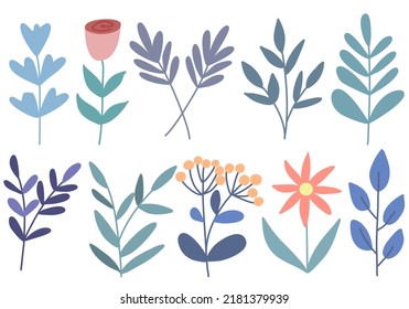 Hand drawn leaf and flower blue collection design