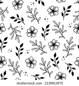 Hand drawn leaf, flower seamless pattern. Doodle simple froral style. Leaf background vector illustration