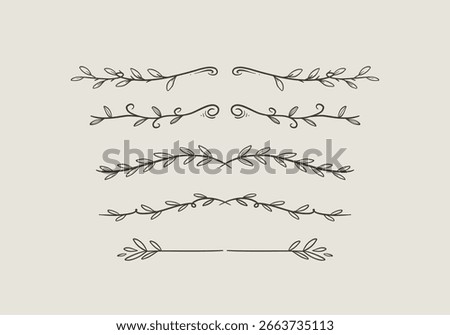 Hand Drawn Leaf Line Divider Set with minimal Botanical Accent Elements