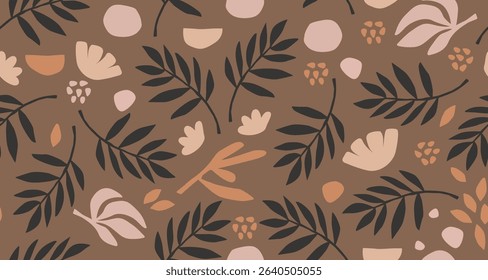 Hand Drawn Leaf Pattern. Leaves Ornament Seamless Texture. Simple Floral Seamless Pattern. Palm Branch Vector Background. Flourish Nature Ornament Design for Fabric, Textile, Prints. Not AI