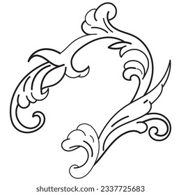 Hand drawn leaf scroll. border, black line on white background