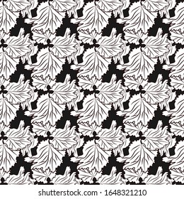 Hand drawn leaf seamless pattern on black background. Monochrome leaves vintage engraved style. Engraving style backdrop. Design for wrapping paper, textile print. Vector illustration