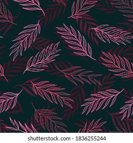 Hand drawn leaf seamless pattern design. Neon pink on dark background. Vector illustration for surface design, print, poster, icon, web, graphic designs.