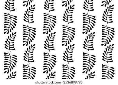 Hand drawn leaf seamless pattern. Vector background with leaves in simple brush style. Black silhouette ornament background.