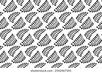 Hand drawn leaf seamless pattern. Vector background with leaves in simple brush style. Black silhouette ornament background.