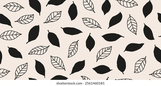 Hand drawn leaf tree seamless pattern, leaves fall abstract background.