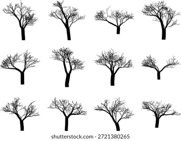 Handgezeichnete, blattlose Baum-Silhouetten-Kollektion einzeln auf weißem Hintergrund für Winter-Naturkunst