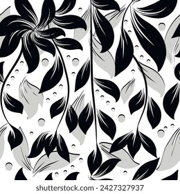 Dibujado a mano frondoso hermoso patrón sin costuras. Repite adornos decorativos con ramas, hojas, flores. Doodle líneas de fondo de vector monocromo floral. Patrón de tela ornamentada. Textura sin fin.