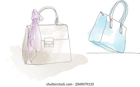 Hand drawn leather classic  bag. Hight fashion vector illustration.