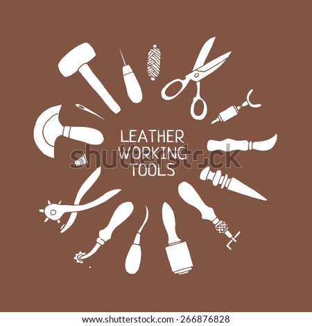 Hand drawn leather working tools illustration